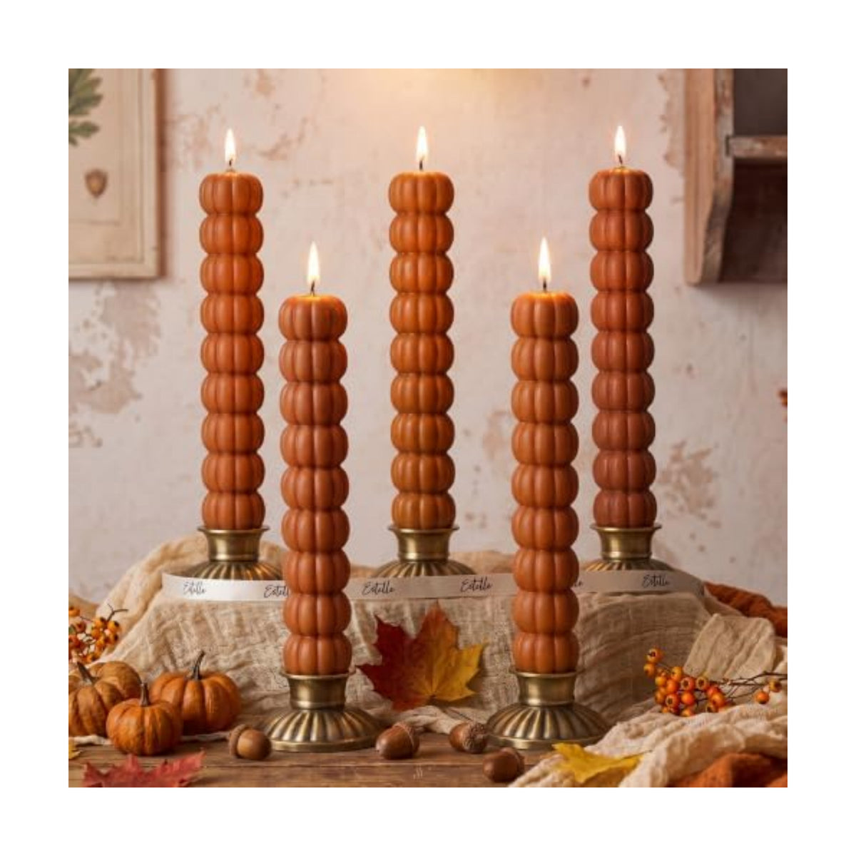 Conelist 5 Pcs Pumpkin Taper Candles Autumn Halloween Gifts, Warm Brown