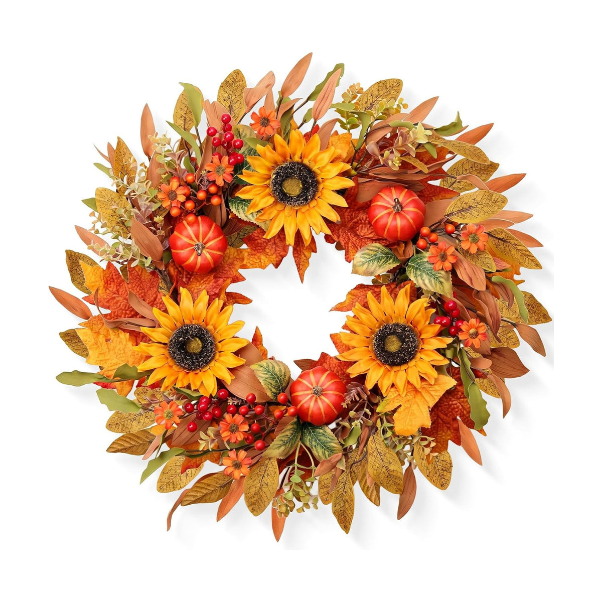 zjlmit Fall Wreaths for Front Door 24 Inch Artificial Fall Wreath with Orange Pumpkins Berries Maple Leaves and Grapevine Base Autumn Sunflower Wreath for Porch Harvest Festival Thanksgiving Day Decor