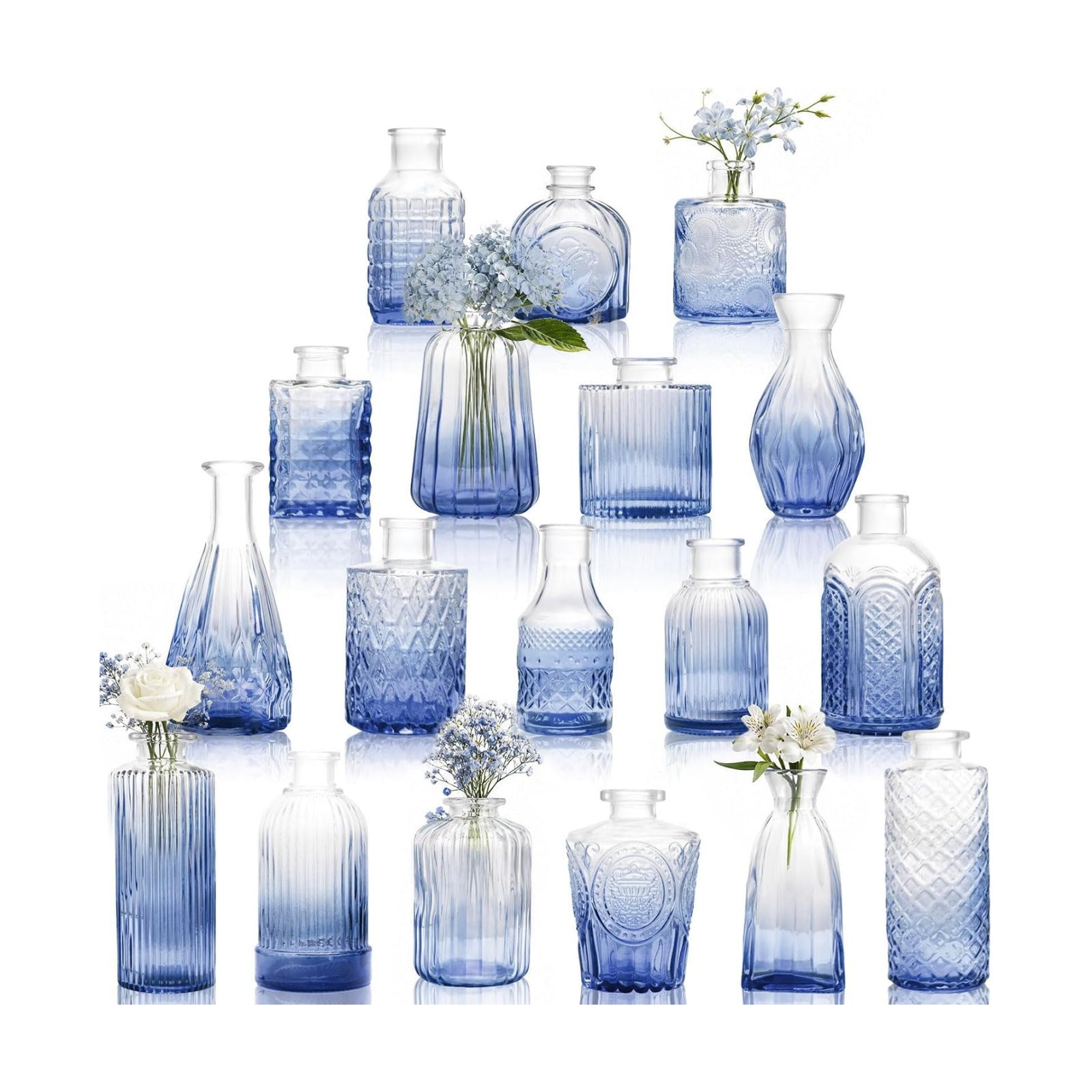 Glass Vase / Petal Petite Small Glass Bud Vase / Blue / Set of 18