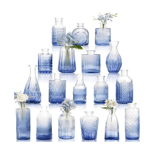 Glass Vase / Petal Petite Small Glass Bud Vase / Blue / Set of 18