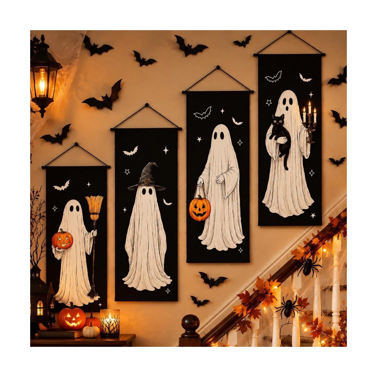 Mixweer 4 Pcs Halloween Ghost Banner Porch Garage Door Hanging Decorations