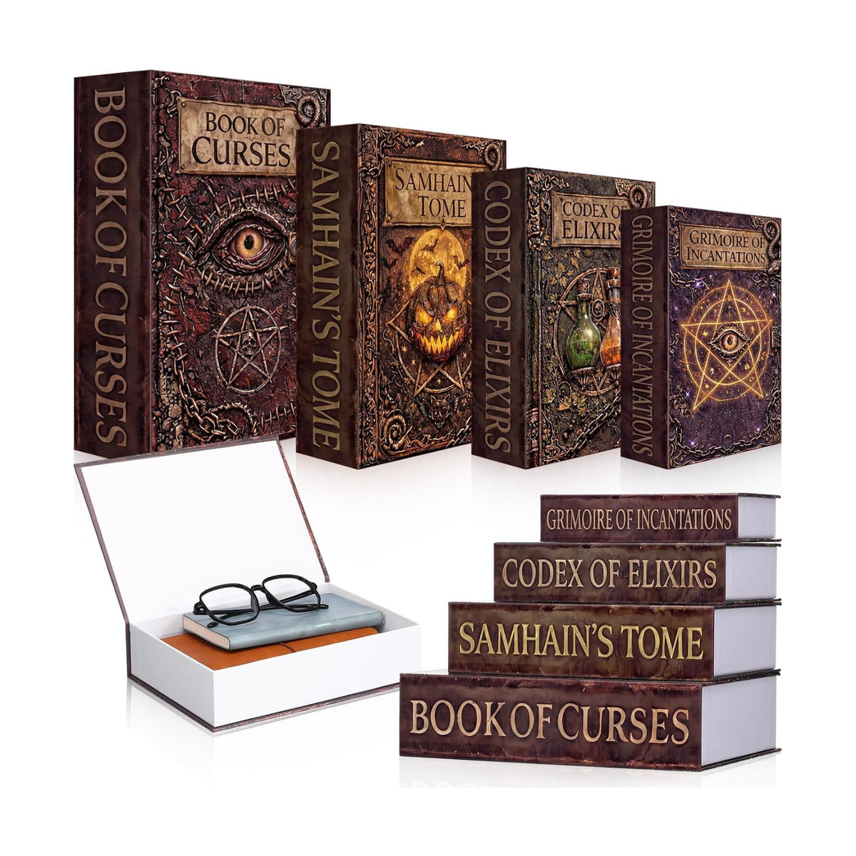 Sabary Set of 4 Decorative Books Boxes Faux Books Stacked for Coffee Tables Modern Home Bookshelves DIY Crafts Decor(Classic,Halloween)