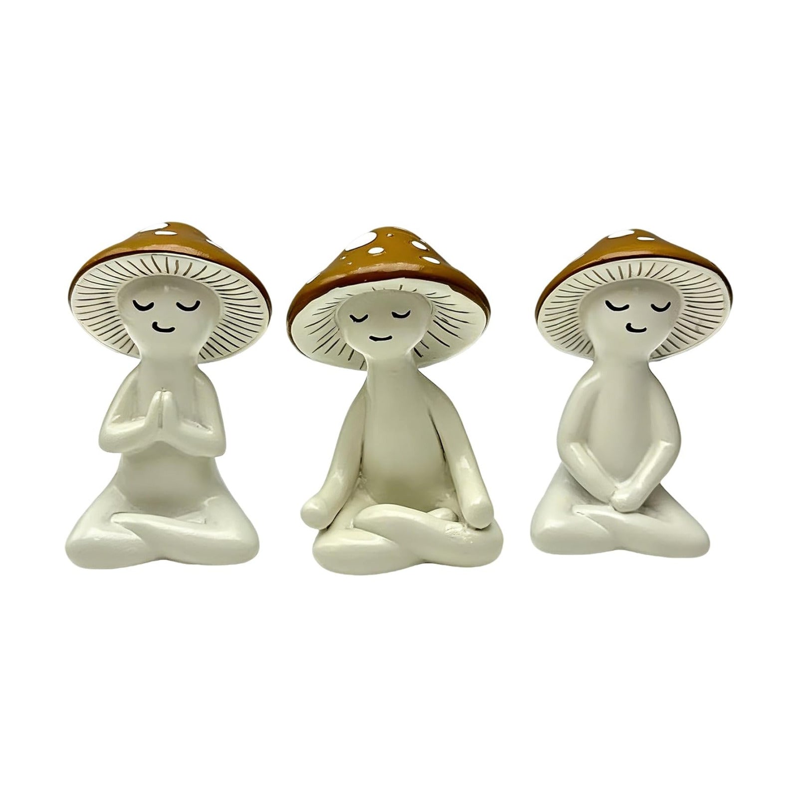 Resin Figurine / Meditation Mushroom Decor Statue / Brown / Set of 3