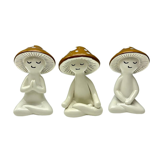 Resin Figurine / Meditation Mushroom Decor Statue / Brown / Set of 3