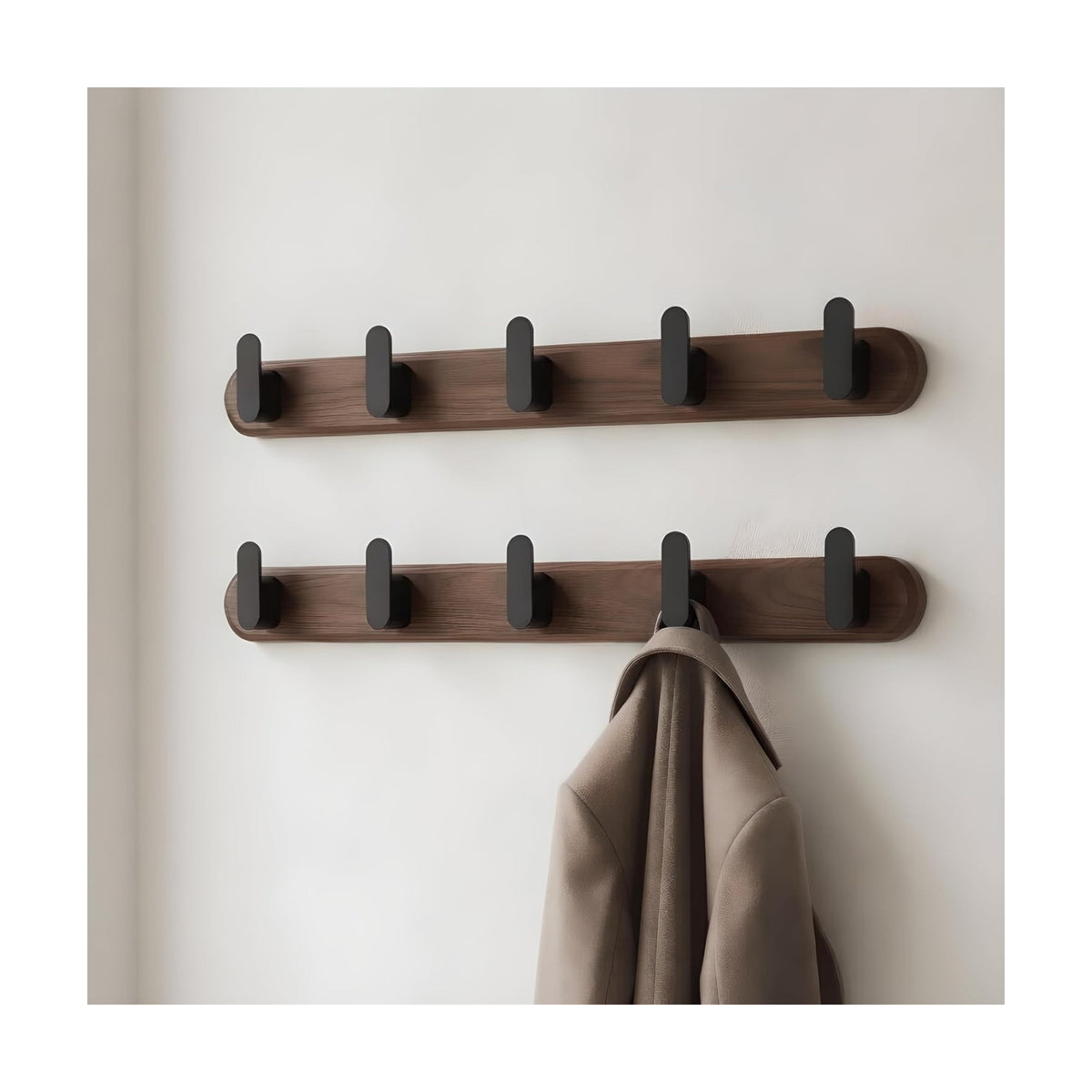 Jugen Coat Rack Wall Mount – Solid Black Walnut with 5 Heavy Duty Matte Black Hooks, Wooden Wall Coat Rack for