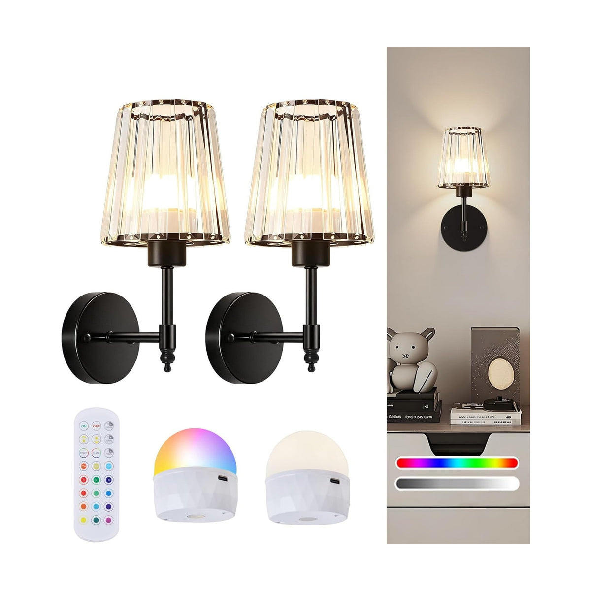 Battery Operated Wall Sconce Set of 2, Rechargeable Wireless Wall Lights | with 5200mAh Dimmable Bulbs and Remote,15