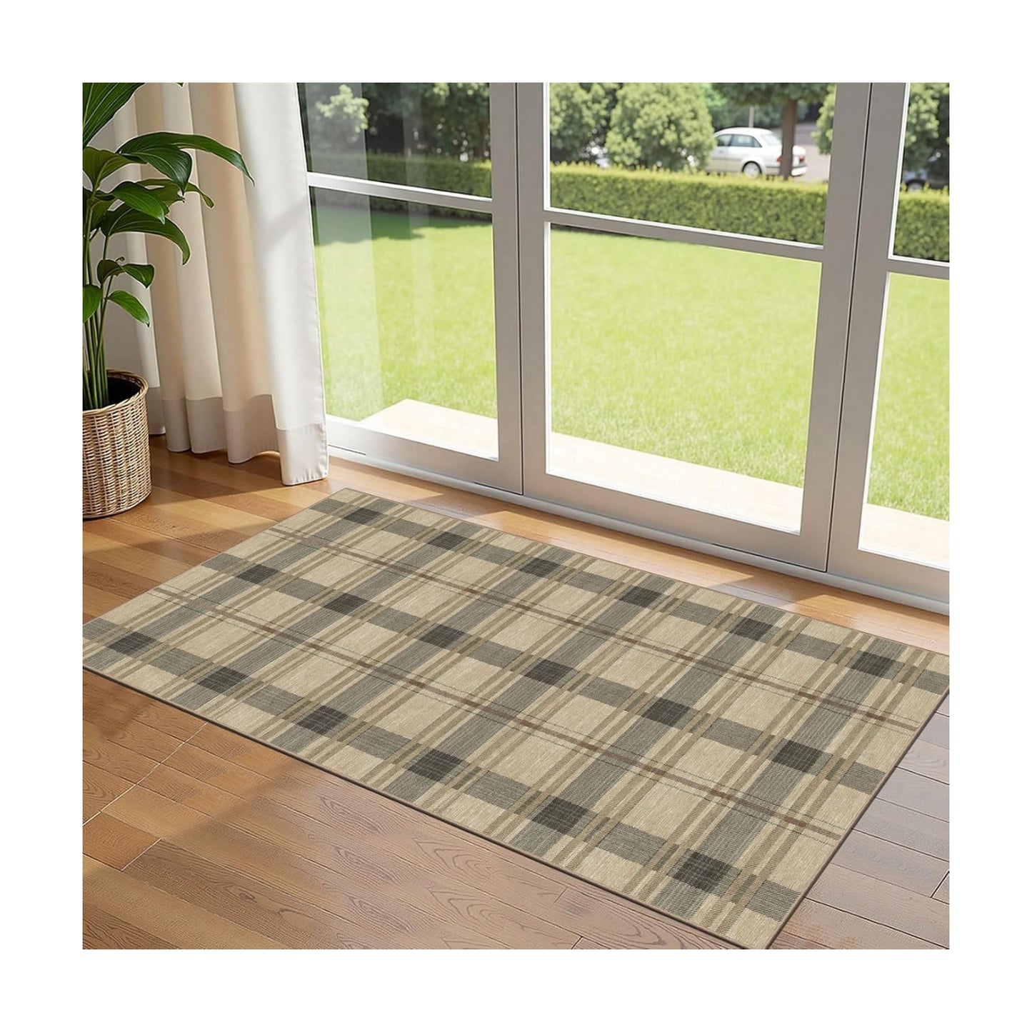 Front Door Mat Indoor Entrance - 2x4.3 Taupe Beige Tartan Plaid Rug