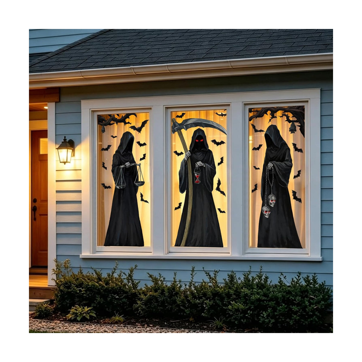 Halloween 3 PCS Large Window Cling Grim Reaper Bat Decals Stickers Decor