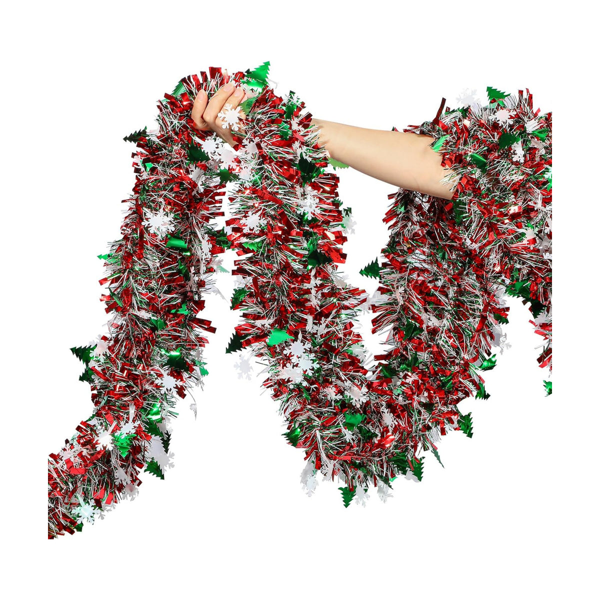 50 Feet Green Red Christmas Metallic Tinsel Twist Hanging Garland with Snowflake Xmas Tree for Home Mantle Xmas Tree Staircase Railing New Year Holiday Party Indoor Outdoor Decorations