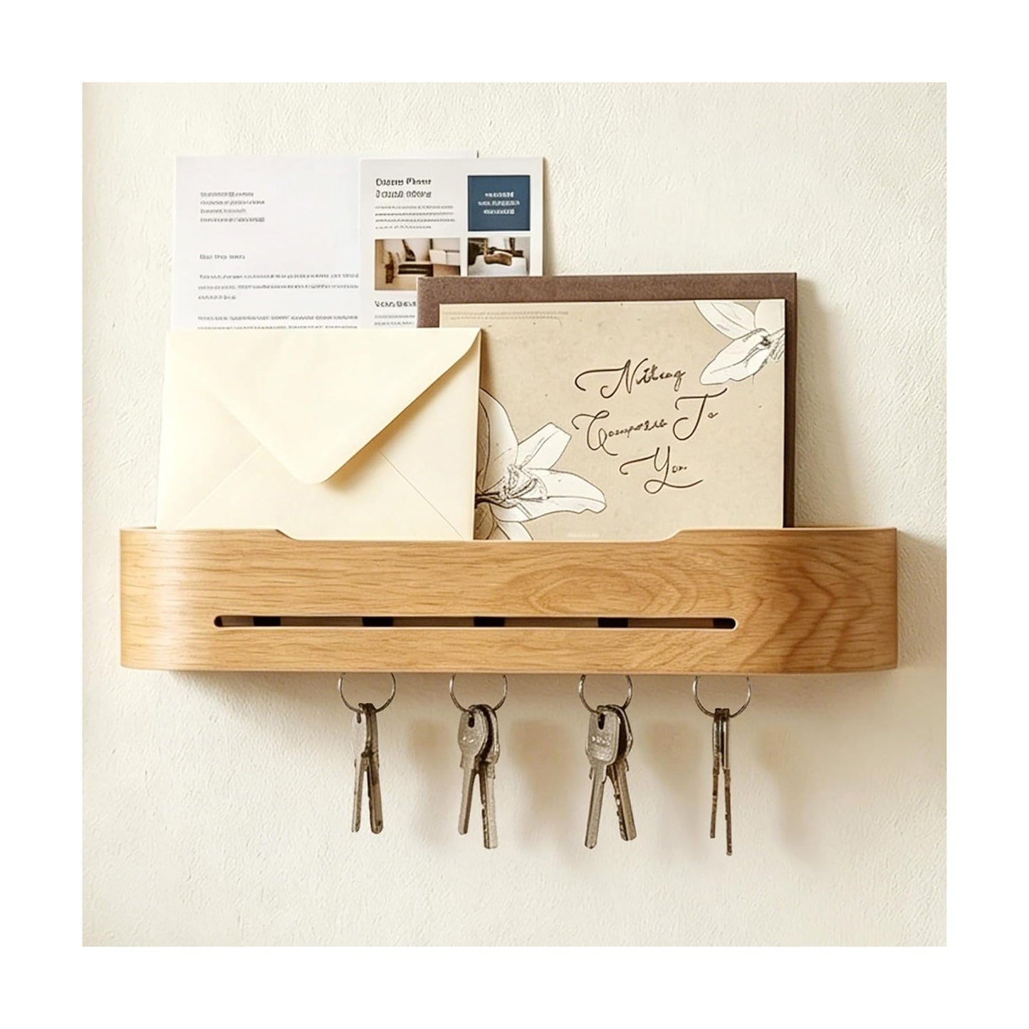 5 Hidden Hooks Minimalis Key Hanger Rack Wood Modern Hollow Key Hook Mail Organizer Tray / Oak-a