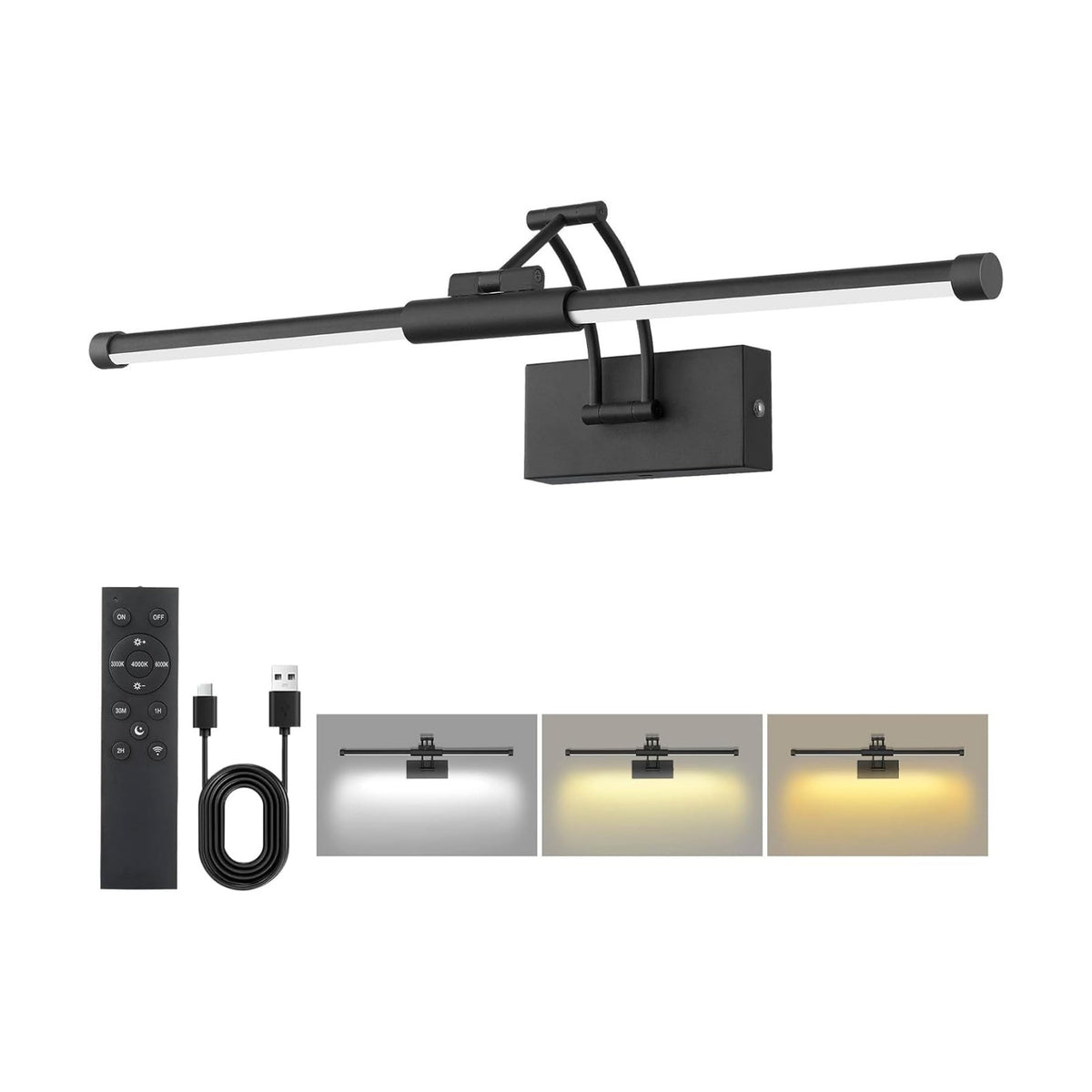 24" Picture Lights for Wall, 8000mAh Rechargeable Wireless Remote | Battery Operated Art Light 3000K/4000K/6000K