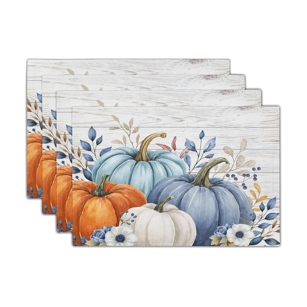 Thanksgiving Placemats Set of 6 18x12 Inch Fall Blue Pumpkin Linen Place Mats Heat-Resistant Washable Wipeable Autumn Leaf Floral Wood Grain Table Mat for Party Kitchen Dining Room Dinner Table Decor