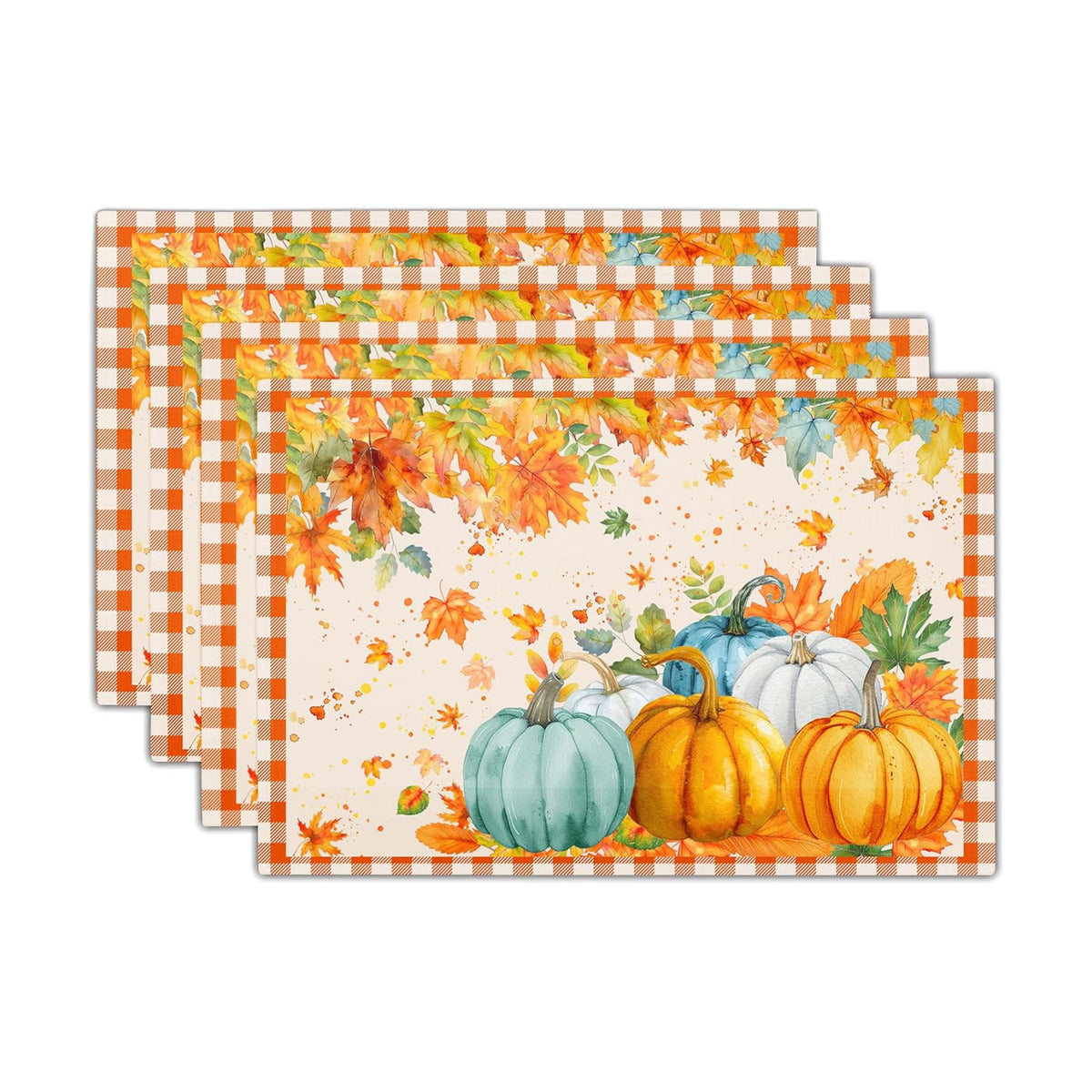 Fall Thanksgiving Placemats Set of 4 18x12 Inch Autumn Pumpkins Maple Leaves Linen Place Mats Heat-Resistant Washable Wipeable Orange Plaid Table Mat for Party Kitchen Dining Room Dinner Table Decor