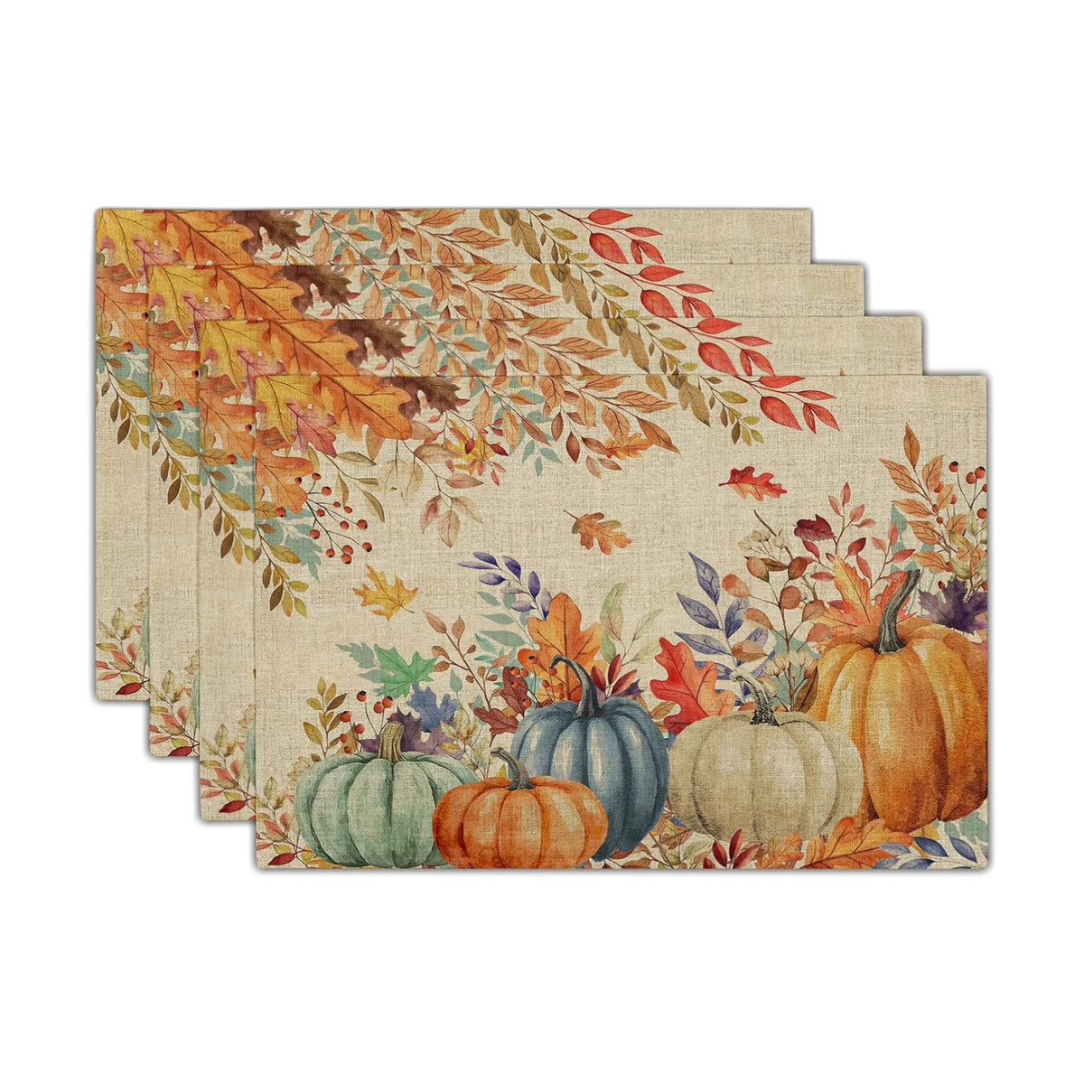 Fall Thanksgiving Placemats Set of 4 18x12 Inch Autumn Pumpkins Maple Leaves Linen Place Mats Heat-Resistant Washable Wipeable Table Mat for Party Kitchen Dining Room Dinner Table Decor