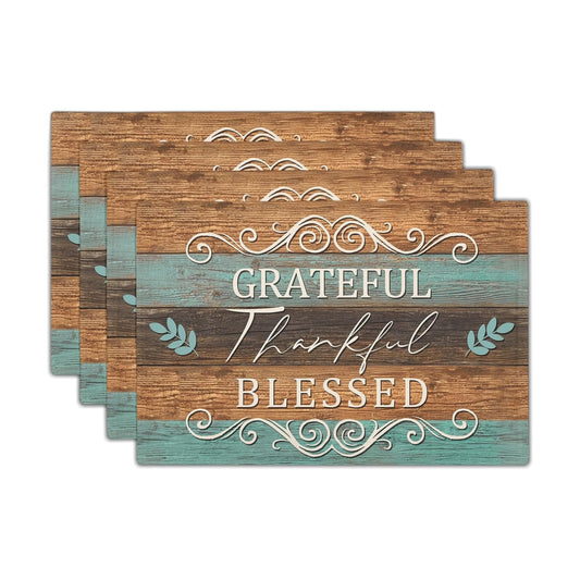 Thankful Placemats Set of 6 18x12 Inch Grateful Blessed Linen Place Mats Heat-Resistant Washable Wipeable Farmhouse Table Mat for Party Kitchen Dining Room Dinner Table Decor
