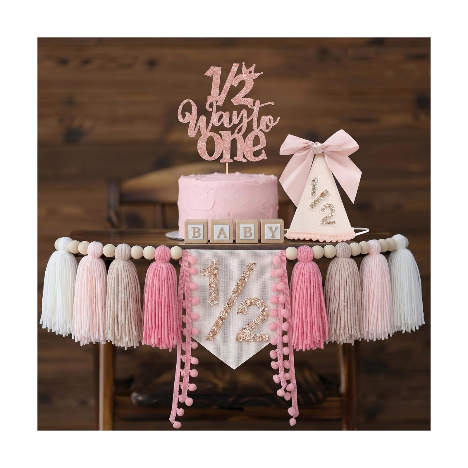 1/2 High Chair Banner & Cone Hat Cake Topper Birthday Girl Half Birthday Decorations / Pink & Khaki