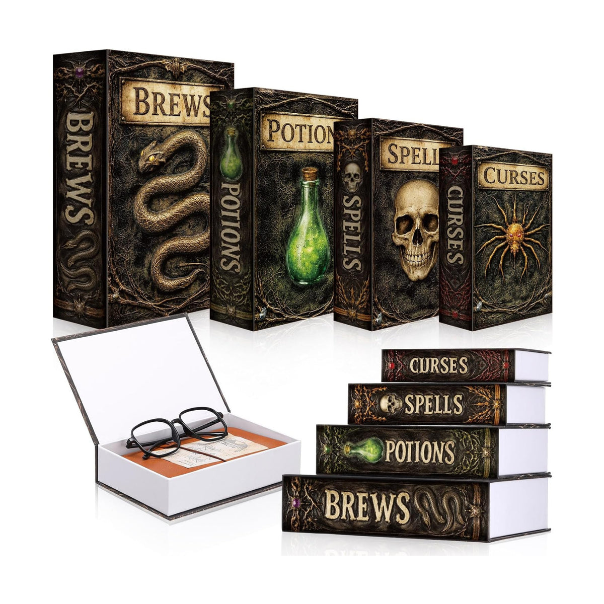 Sabary Set of 4 Decorative Books Boxes Faux Books Stacked for Coffee Tables Modern Home Bookshelves DIY Decor for Crafts (Black and Gray,Halloween)