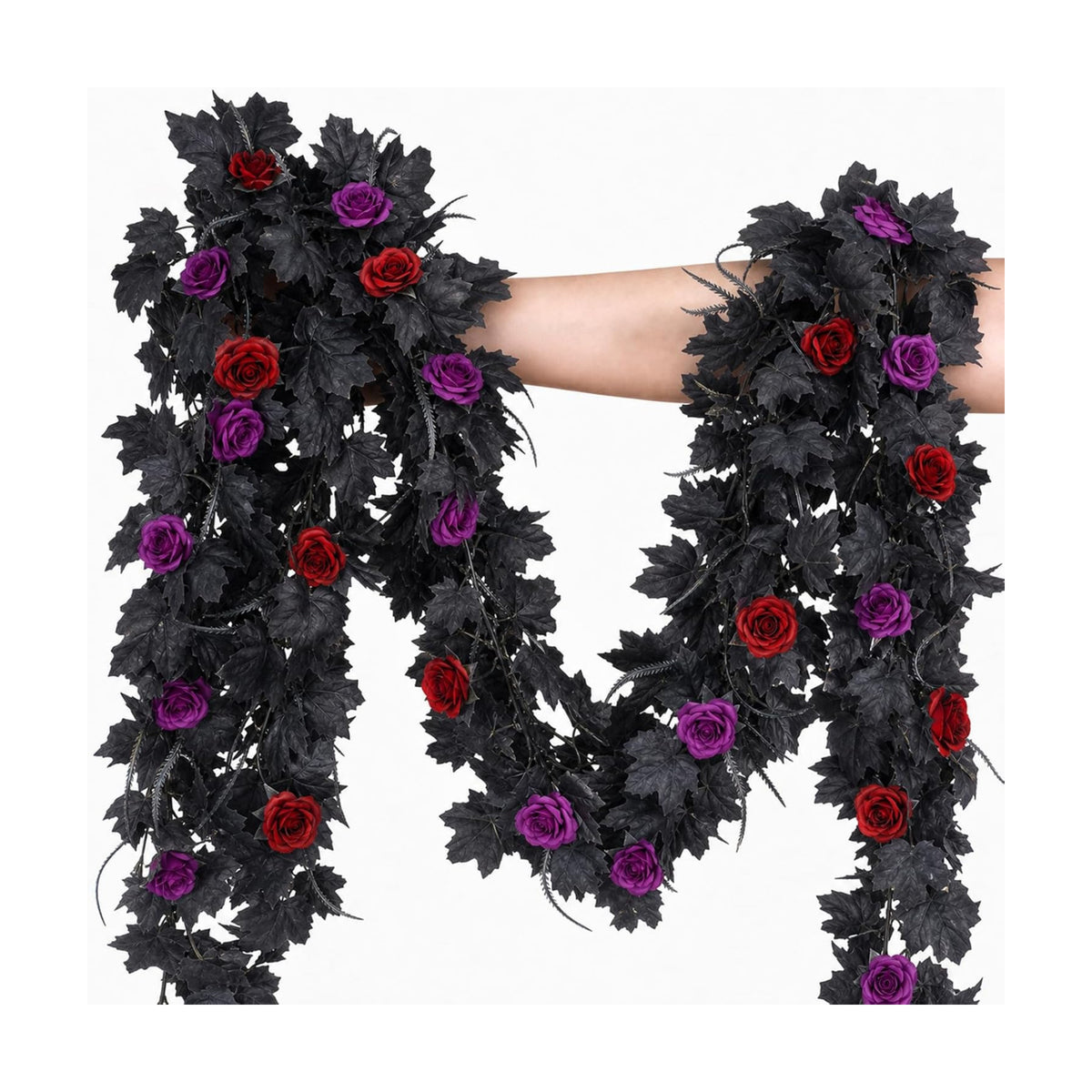 Mega-L Halloween Garland, 2 Pack Black Maple Leaf with Rose Halloween Decor
