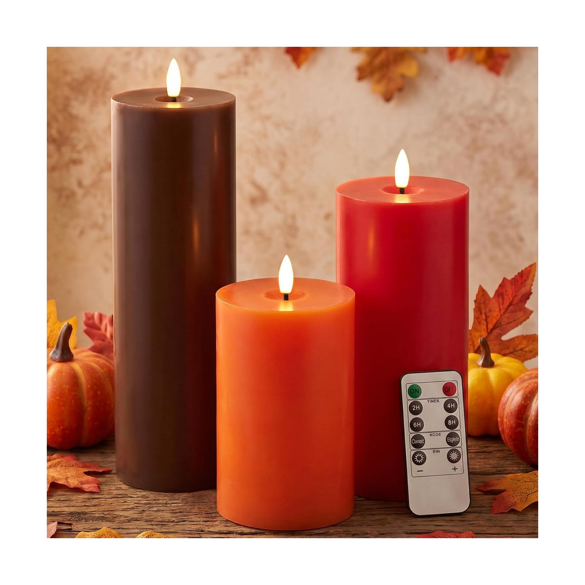 3 Pcs Fall 6/8/12 Inches Flameless LED Candles with Remote and 2/4/8h Timer Red Orange Brown Battery Operated Wax