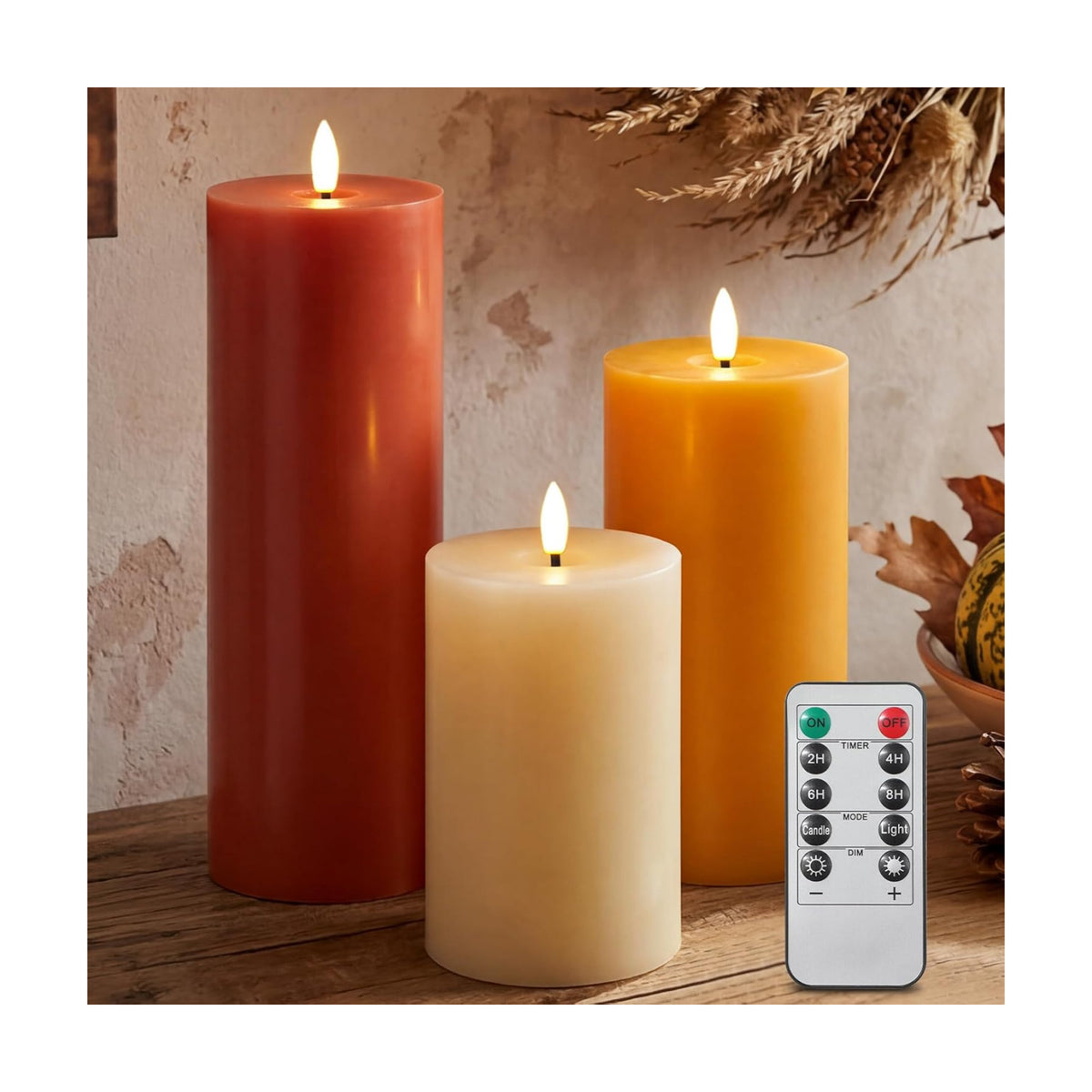 3 Pcs Fall 6/8/12 Inches Flameless LED Candles with Remote and 2/4/8h Timer Yellow Cream Orange Battery Electronic Wax