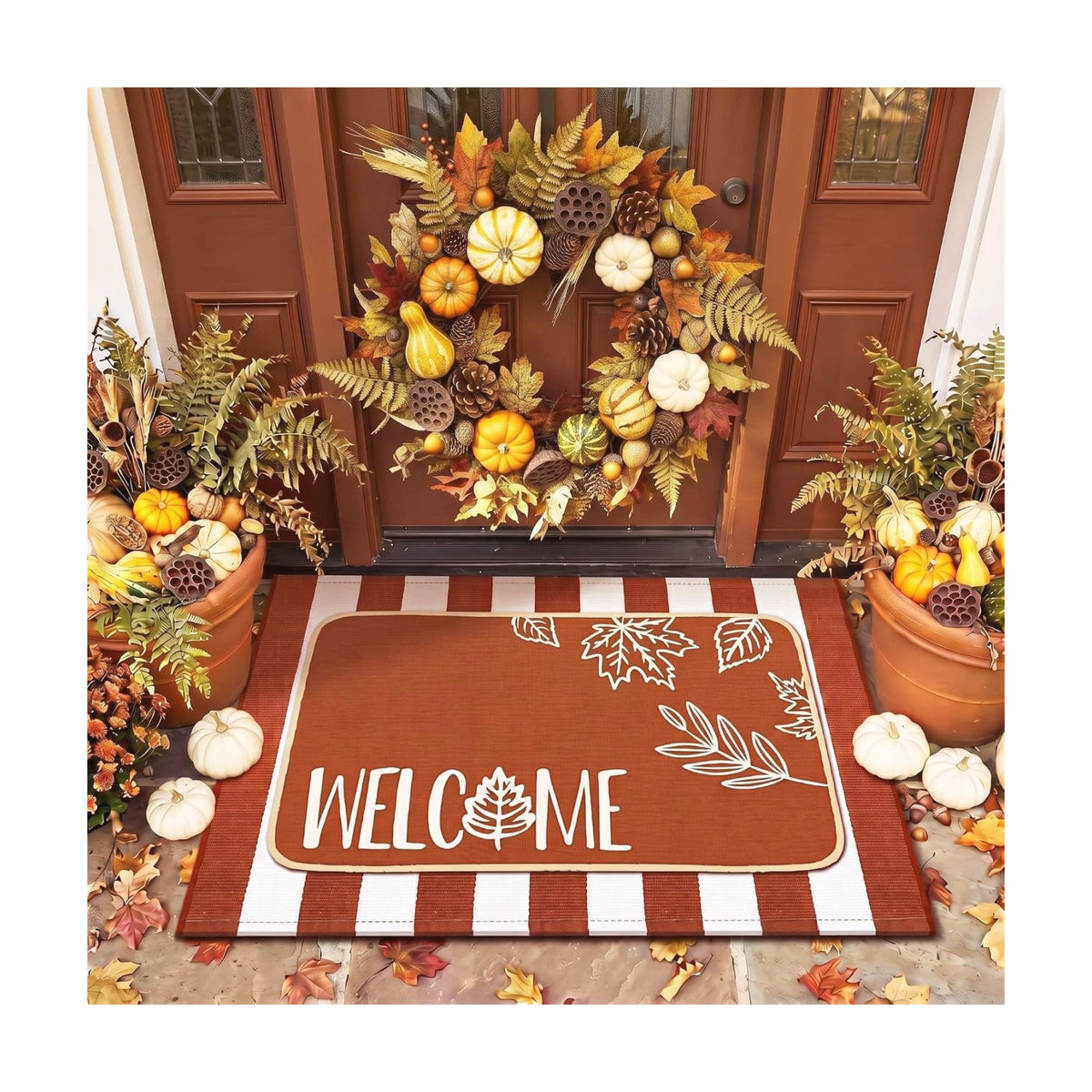 Tinideya 2 Pcs Fall Door Mat Outdoor Layered Autumn Leaves Welcome Mat