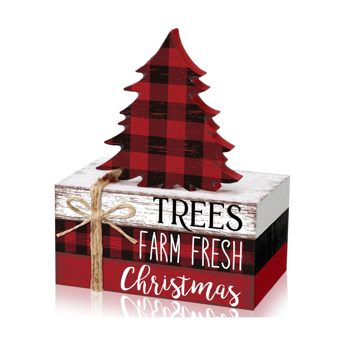 Geelin 4 Pcs Christmas Tiered Tray Decor Wooden Book Stack Signs, Red Black White Buffalo Plaid Christmas Table Decor, Farmhouse Rustic Centerpieces for Shelf Coffee Bar Office Desk Decorations
