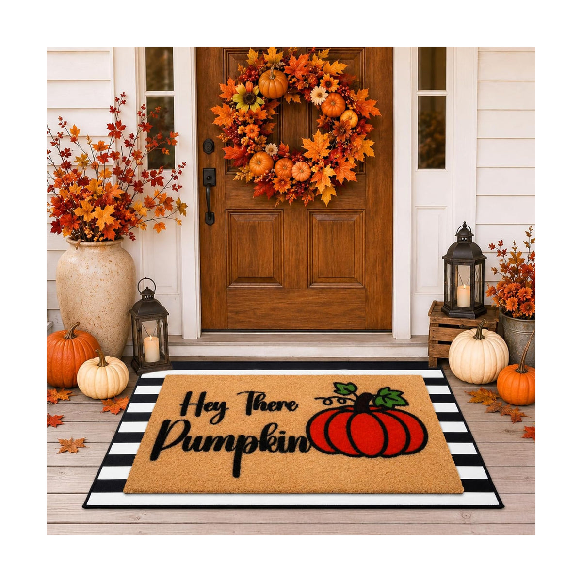 2 Pcs Fall Pumpkin Welcome Doormat-Fall Decor Black White Door Mat Set