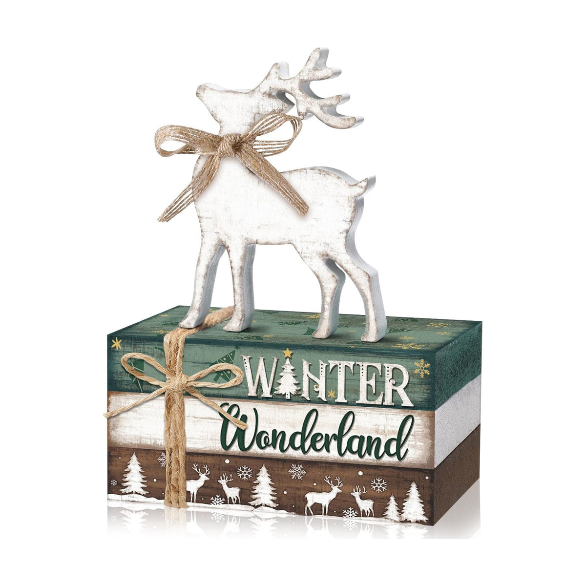 Geelin 4 Pcs Christmas Tiered Tray Decor Wooden Book Stack Signs, White Reindeer Christmas Table Decor, Farmhouse Rustic Centerpieces for Shelf Coffee Bar Office Desk Decorations