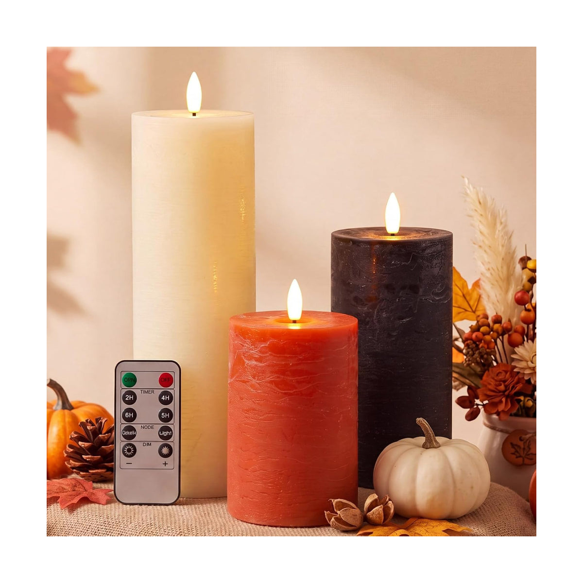 3 Pcs 6/8/12 Inches Fall Flameless LED Candles with Remote and 2/4/8h Timer Orange Black White Battery Operated Wax