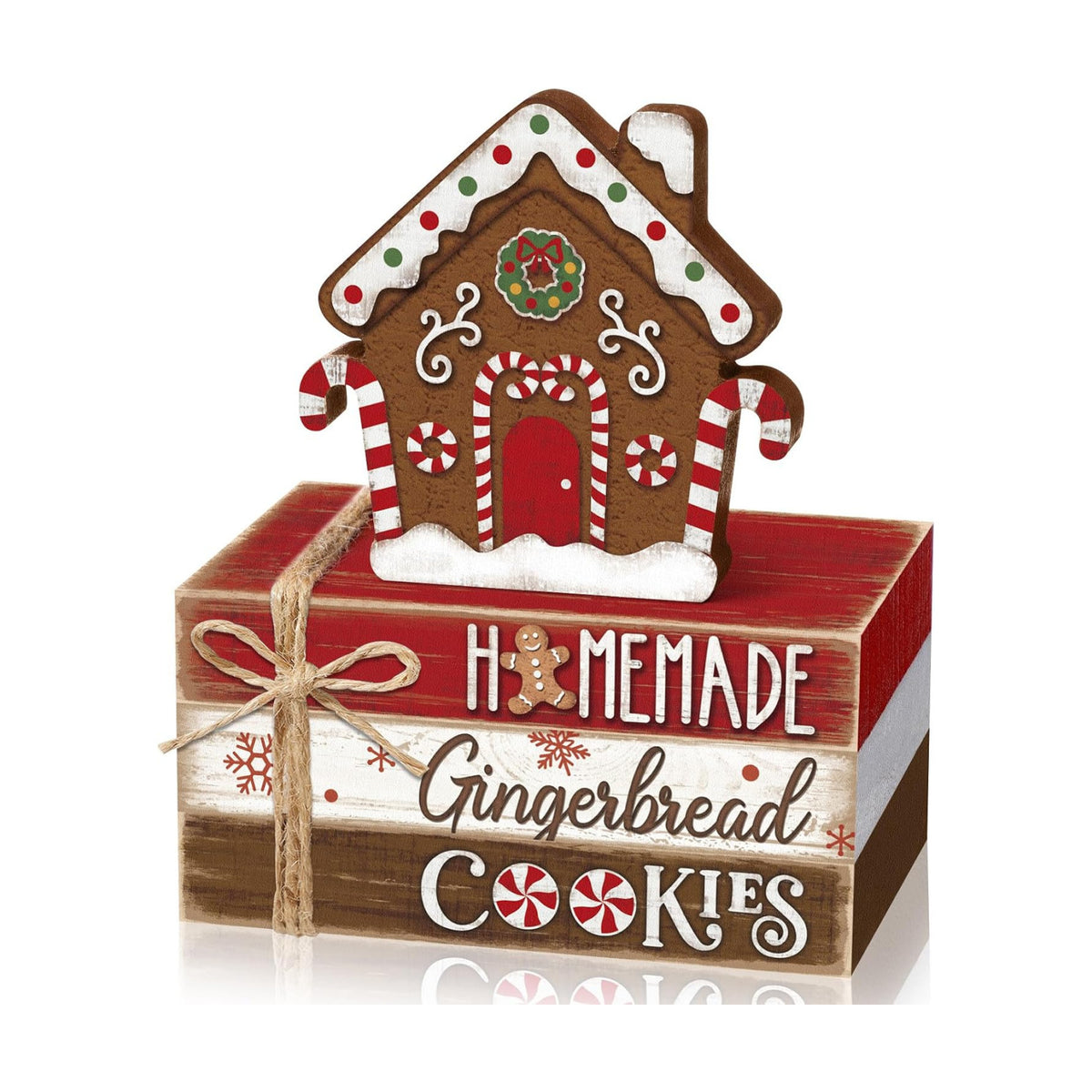 Geelin 4 Pcs Christmas Tiered Tray Decor Wooden Book Stack Signs, Gingerbread Christmas House Table Decor, Farmhouse Rustic Centerpieces for Shelf Coffee Bar Office Desk Decorations