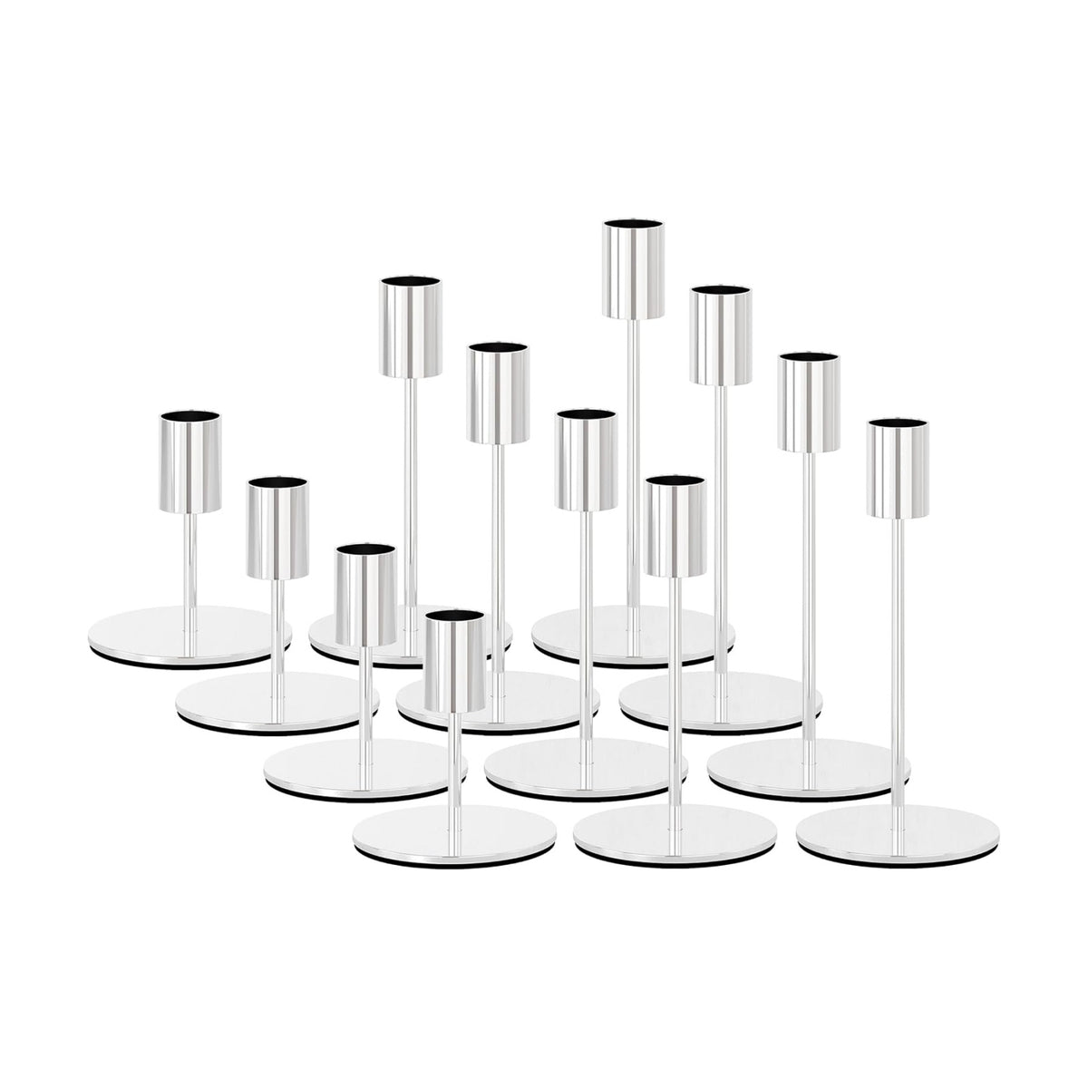 zeochyni Silver Candlestick Holders Set of 12 for Home Decor | Metal Taper Candle Holders Bulks in 3 Heights with