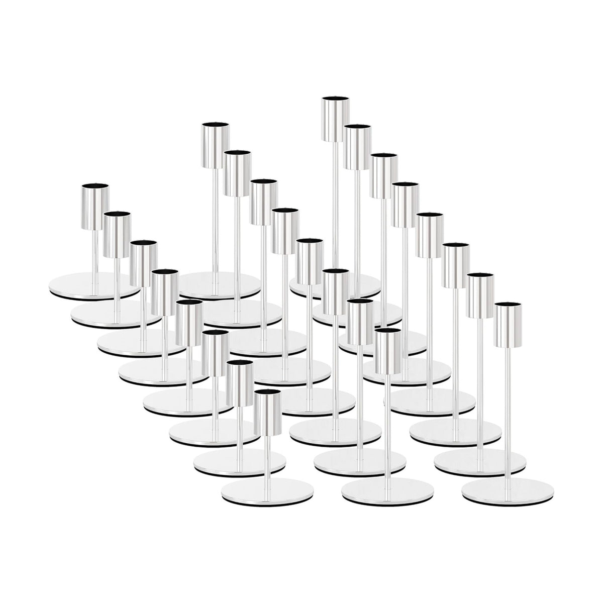 zeochyni Silver Candlestick Holders Set of 24 for Wedding Party Decoe | Metal Taper Candle Holders Bulks in 3 Heights