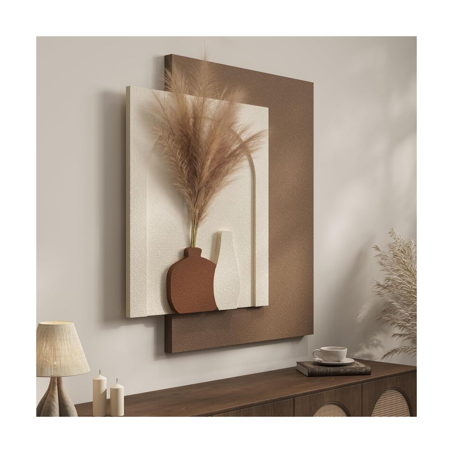Cuspin Boho 3D Textured Wall Art, Neutral Artwork for Walls with Pampas