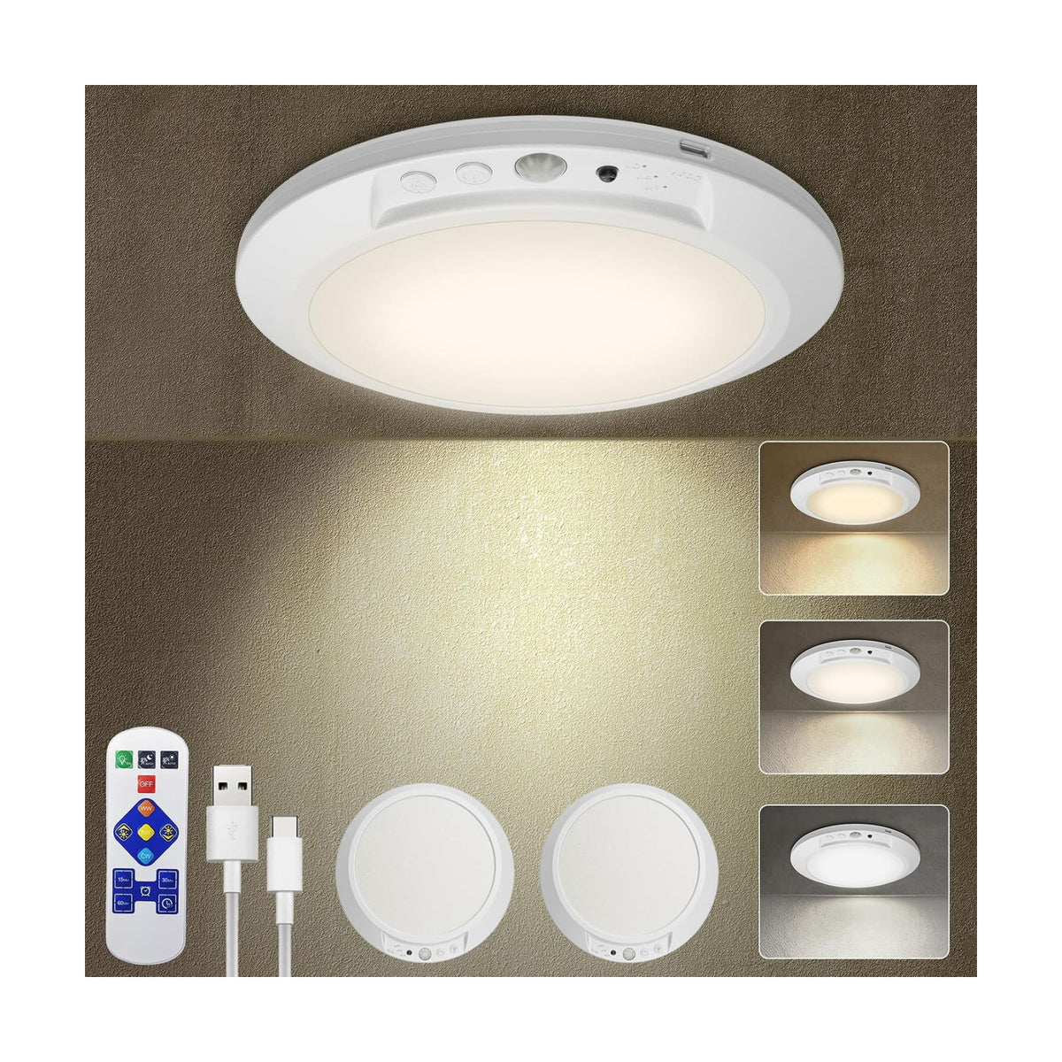 Motion Sensor Ceiling Light Battery Operated with Remote, 2 Pack Wireless Rechargeable Ceiling Lights Indoor, 3CCT
