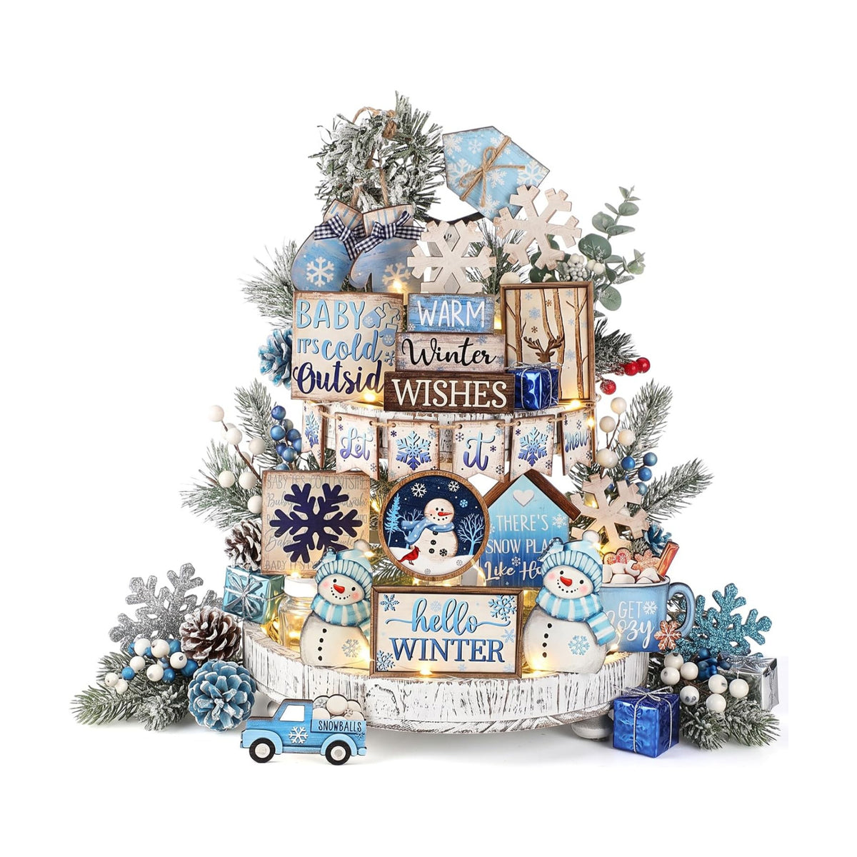 Shellwei 23 Pcs Christmas Tiered Tray Decor Set, Blue Snowman Wood Signs