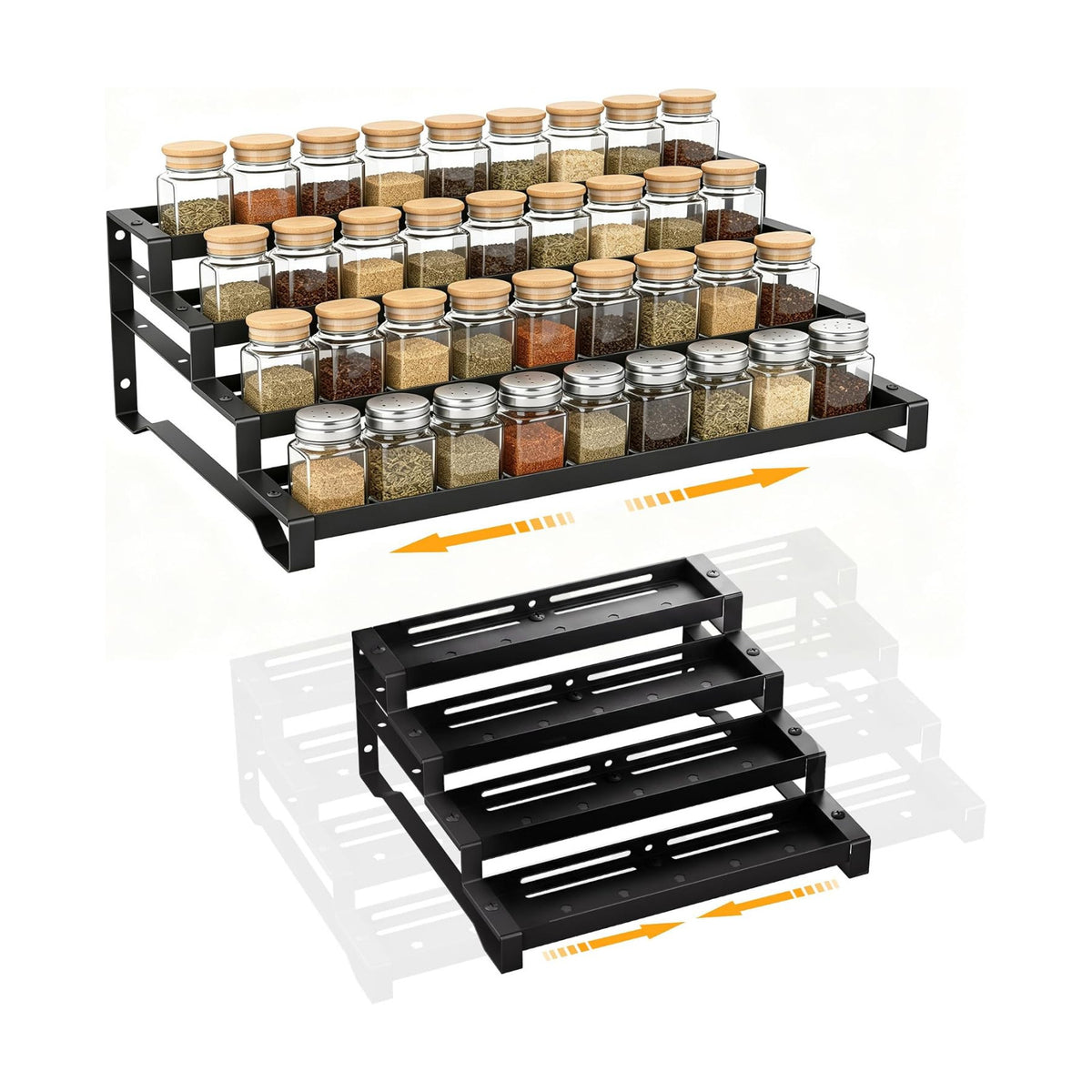 Spice Rack Organizer for Cabinet, 13-21.5" Expandable Spicy Shelf | 11.6" Depth 4-Tier Black Metal Seasoning Organizer