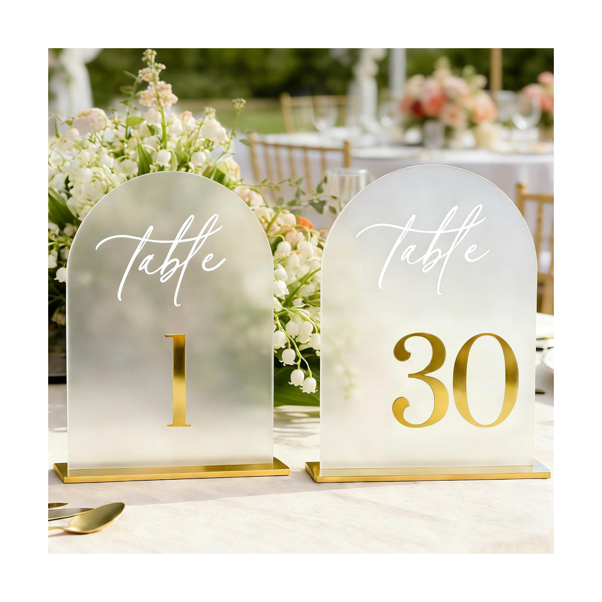 Frosted Wedding Table Numbers 1-30 with Stands - 5.5x7 Inch | Arch table Signs, Non-reflective, Elegant Gold 3D
