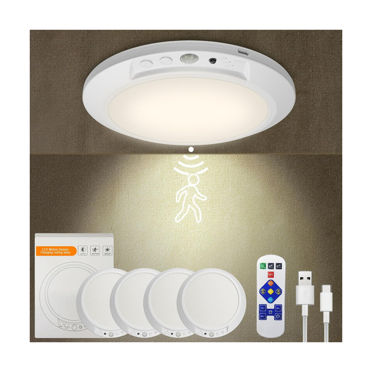 Motion Sensor Ceiling Light Battery Operated with Remote, 4 Pack Wireless Rechargeable Ceiling Lights Indoor, 3CCT