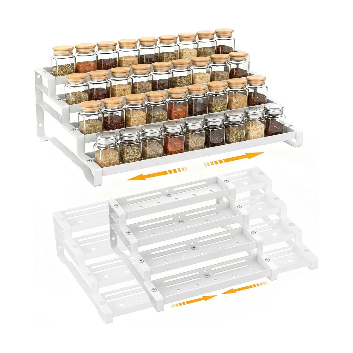Spice Rack Organizer for Cabinet, 13-21.5" Expandable Spicy Shelf | 11.6" Depth 4-Tier White Metal Seasoning Organizer