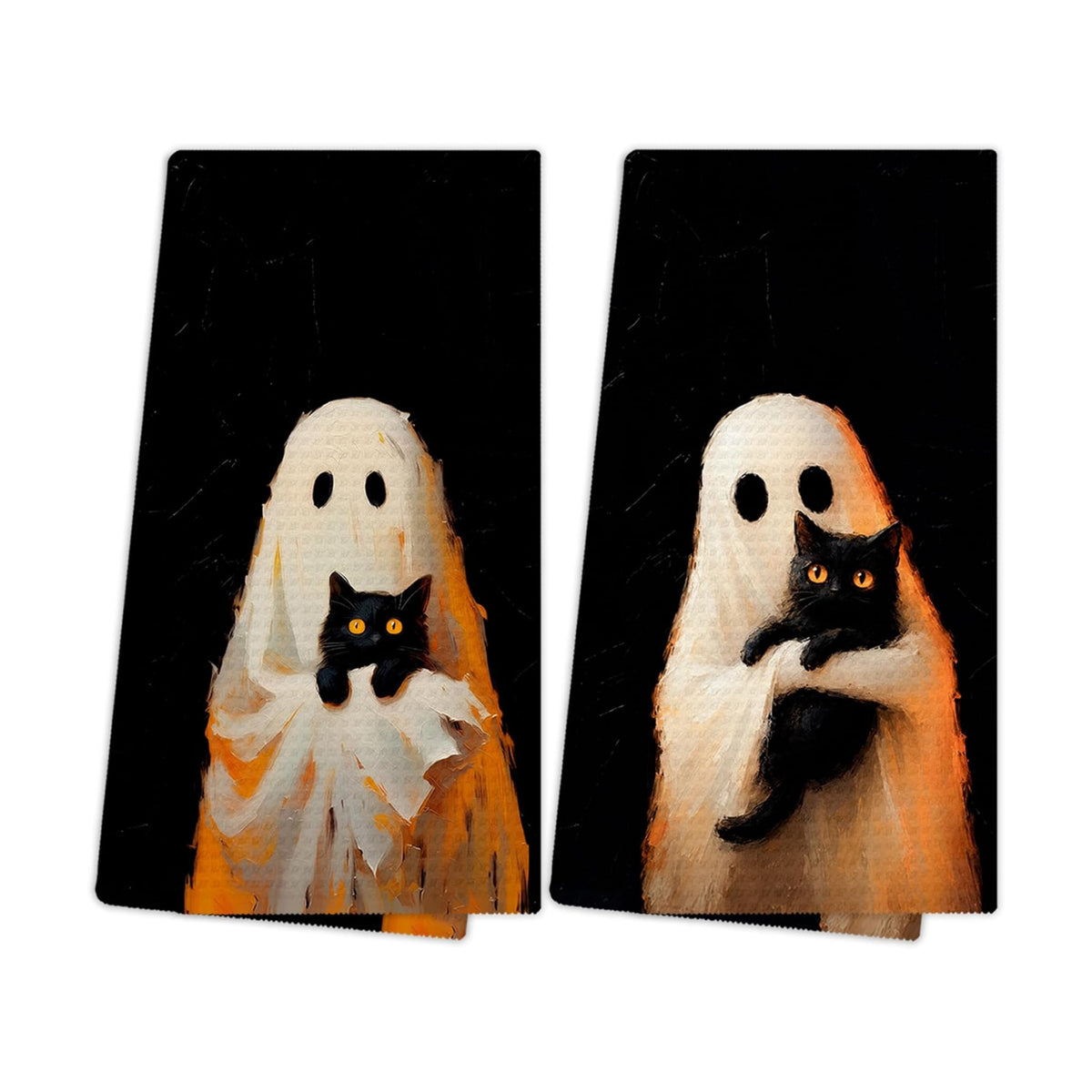 Halloween Ghost Black Cat Kitchen Towels, Halloween Hand Towels for Bathroom Decor, Whimsical Spooky Ghost Hugs Black Cat Dishcloths Dish Towel for Kitchen 16x24 Inches Set of 2
