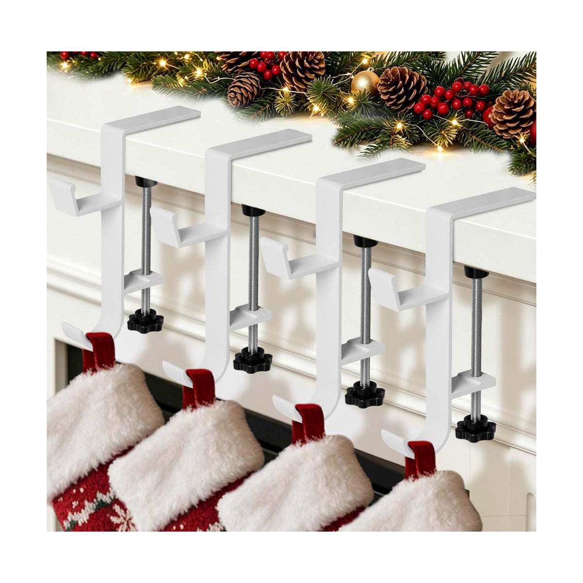 HMASYO 2-in-1 Christmas Garland & Stocking Holders for Mantle Set of 4, White Adjustable Low-Profile Fireplace Hangers with Dual Hooks, Metal Stocking Hooks for Garland, Fits 0.5”-3.4”Mantels