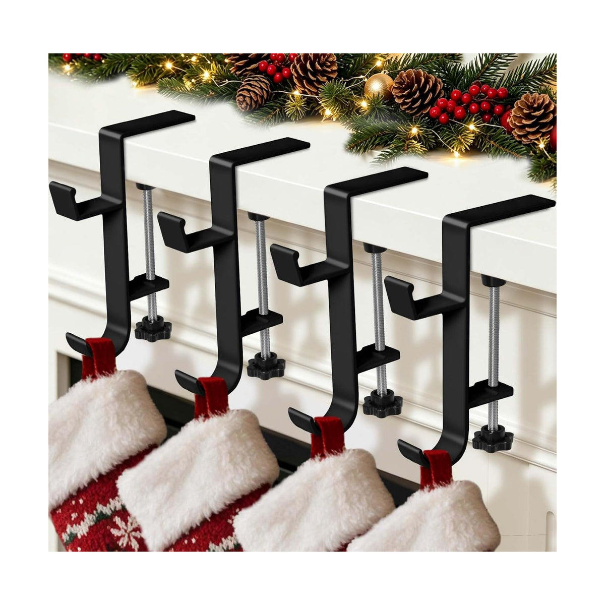 HMASYO 2-in-1 Christmas Garland & Stocking Holders for Mantle, Adjustable Low-Profile Fireplace Hangers with Dual Hooks, Metal Stocking Hooks for Garland, Fits 0.5”-3.4”Mantels (Black, Set of 8)