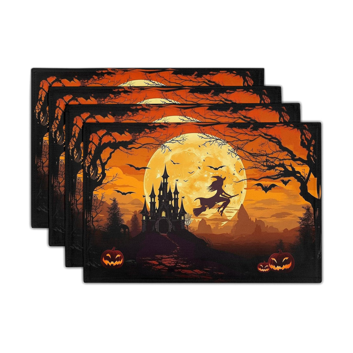 Halloween Placemats Set of 4 18x12 Inch Spooky Witch Bat Castle Pumpkin Linen Place Mats Heat-Resistant Washable Wipeable Fall Holiday Table Mats for Party Kitchen Dining Room Dinner Table Decor