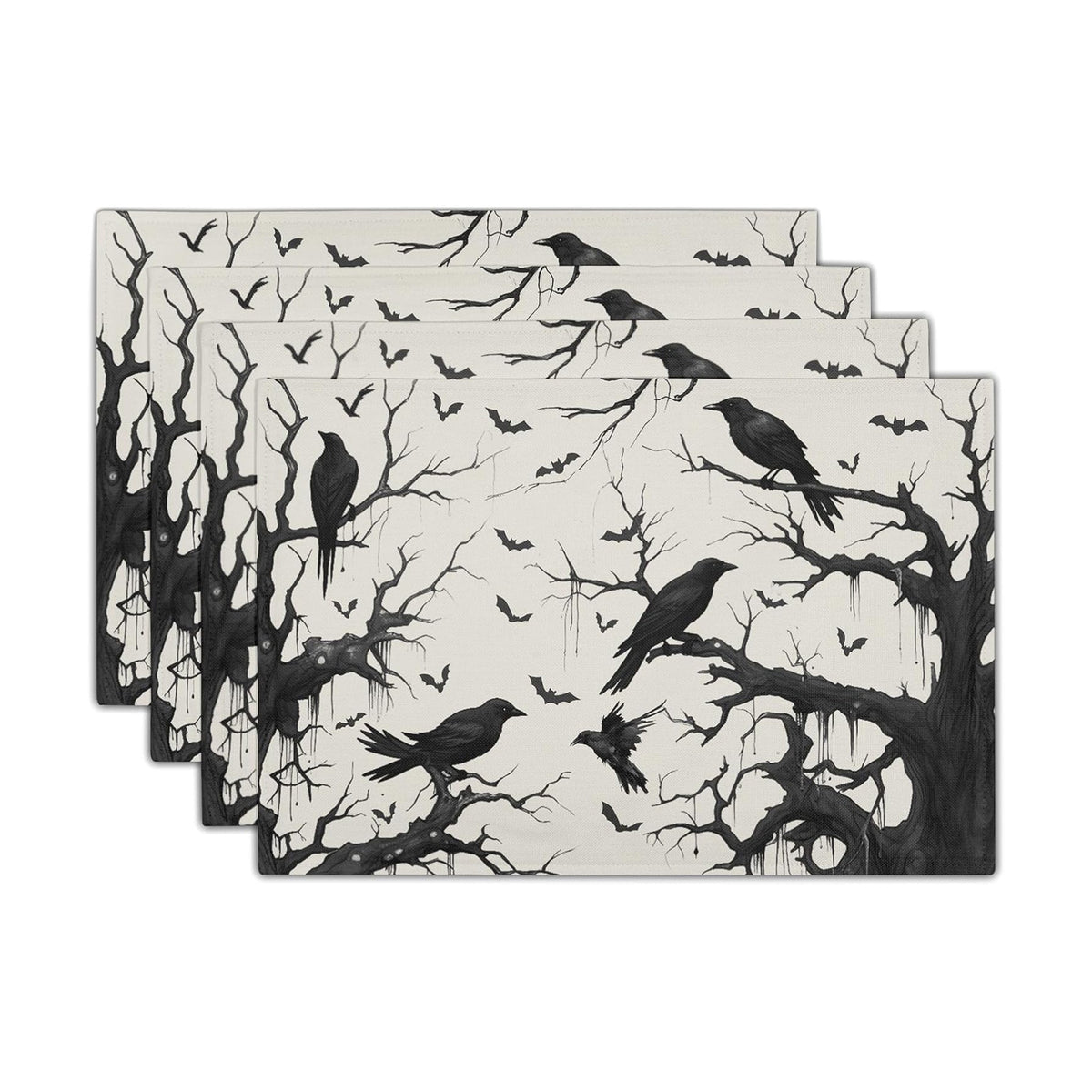 Crow Halloween Placemats Set of 4 18x12 Inch Ravens and Bats in Forest Linen Place Mats Heat-Resistant Washable Wipeable Holiday Table Mat for Party Kitchen Dining Room Dinner Table Decor