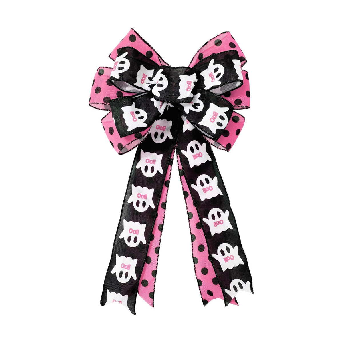 JarThenaAMCS Halloween Wreath Bow Ghost Boo Polka Dots Wired Edge Bow Pink Black Fabric Craft Bowknot for Front Door Tree Topper Indoor Outdoor Decor, 11 x 20.3 Inch
