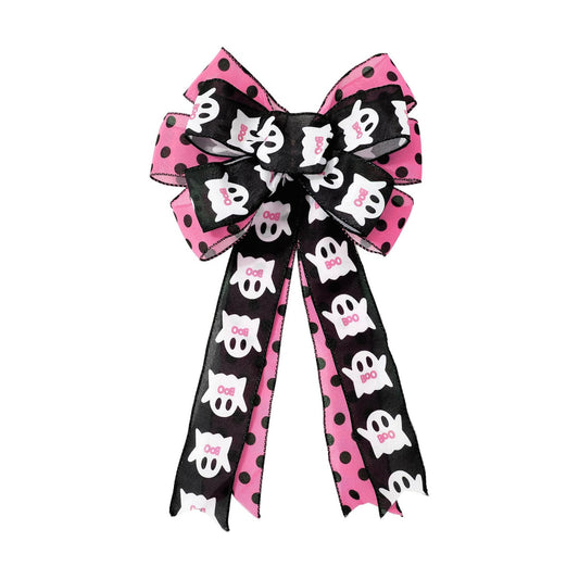 JarThenaAMCS Halloween Wreath Bow Ghost Boo Polka Dots Wired Edge Bow Pink Black Fabric Craft Bowknot for Front Door Tree Topper Indoor Outdoor Decor, 11 x 20.3 Inch