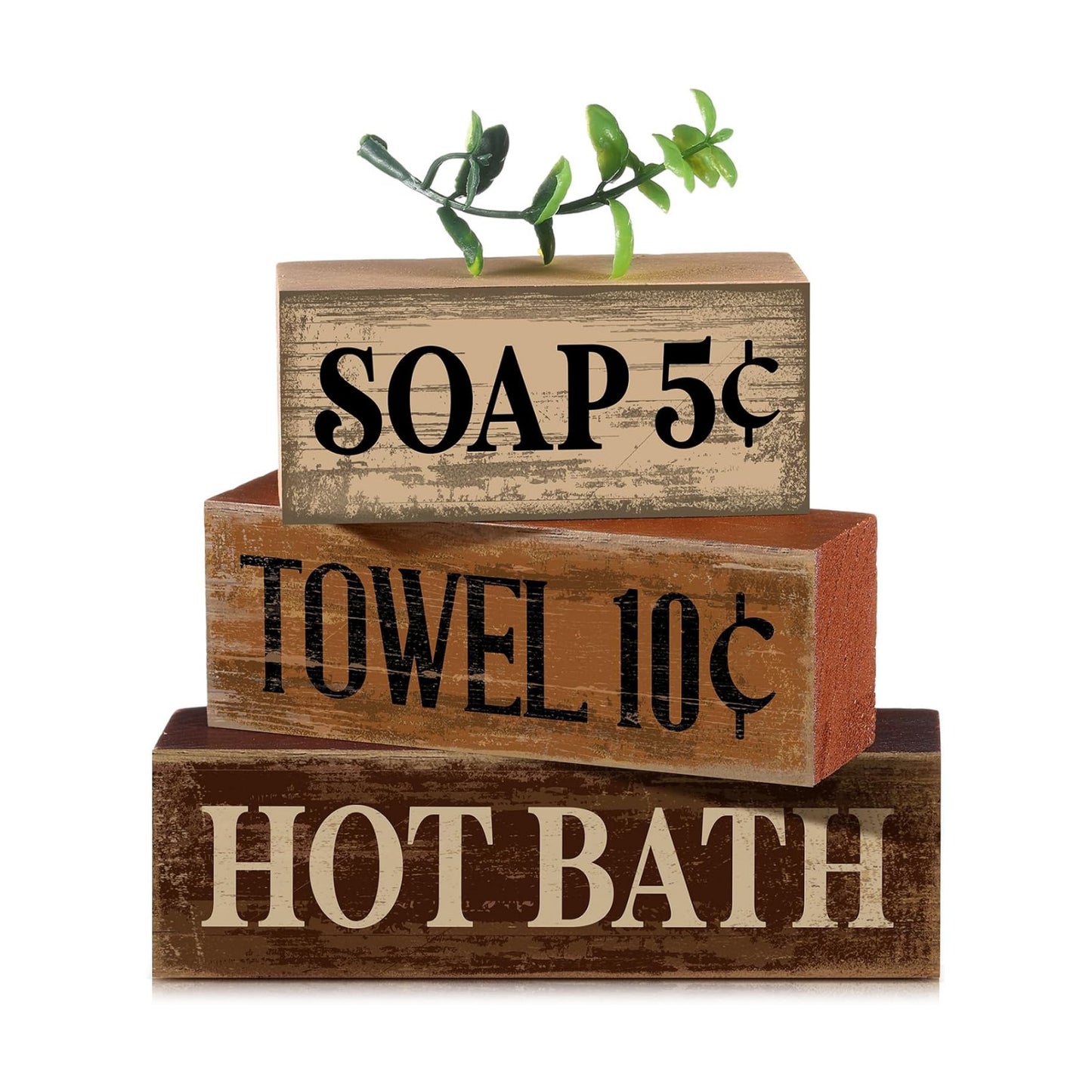 Moucuny 4 Pcs Rustic Bathroom Shelf Decor Wooden Block Signs, Farmhouse