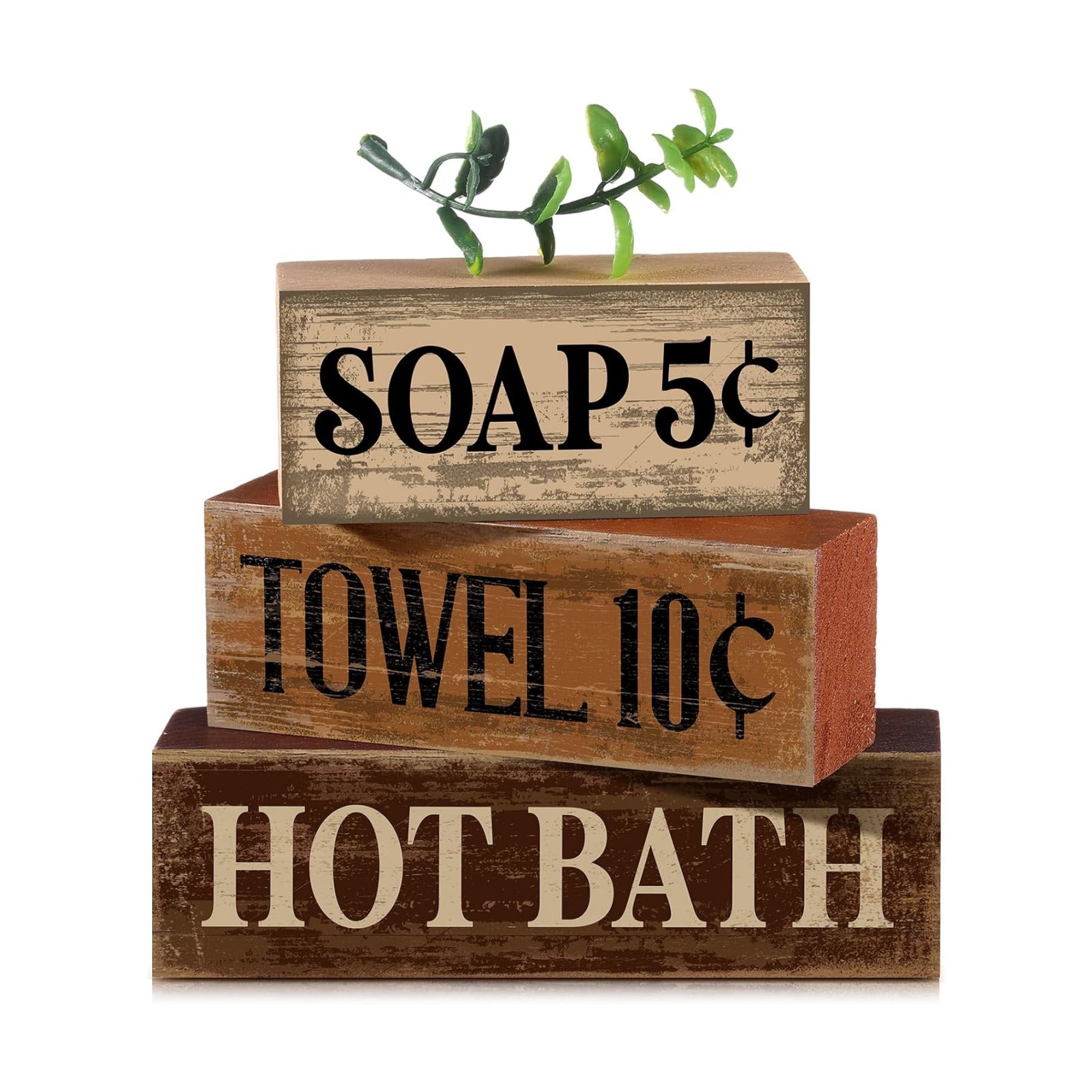 Moucuny 4 Pcs Rustic Bathroom Shelf Decor Wooden Block Signs, Farmhouse