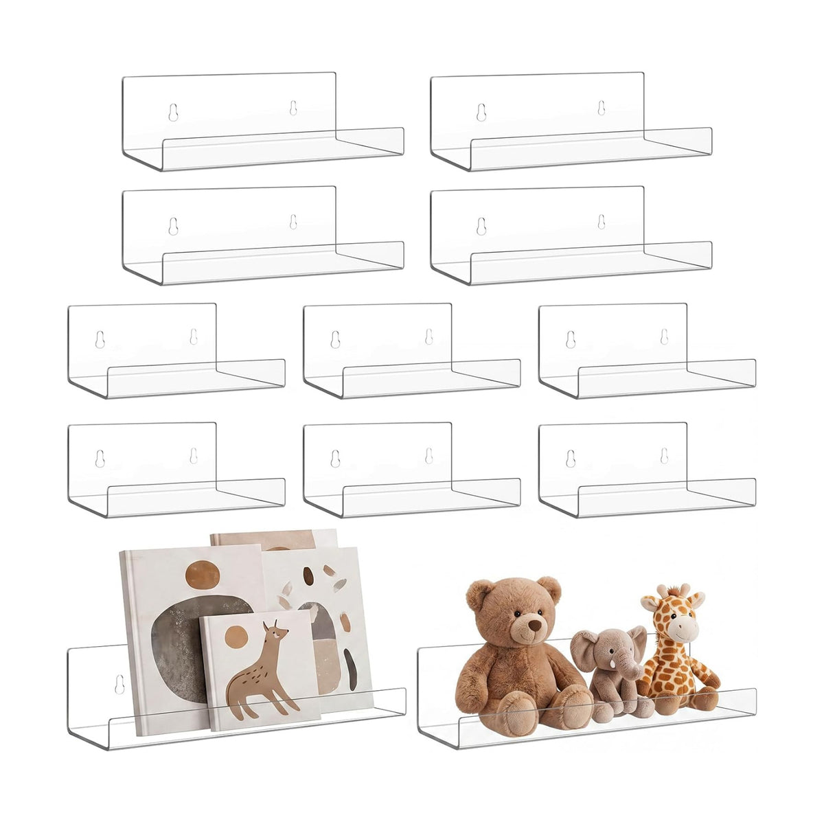 Blulu 12 Packs Multiple Sizes Acrylic Floating Shelf Wall Mounted Invisible Acrylic Shelf Ledge Floating Bookshelf for