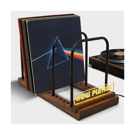ZEDKEHO Vinyl Record Storage Holder for 50-75 LPs, Wood | Now Playing Vinyl Record Stand with LED Light,Wood Album